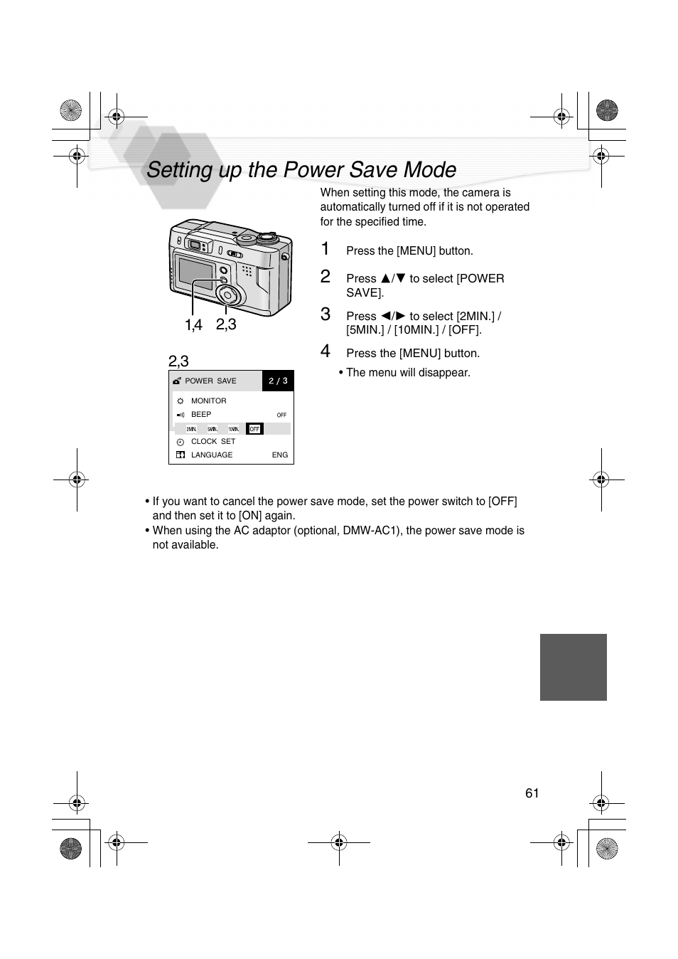 Setting up the power save mode | Panasonic DMC-LC20PP User Manual | Page 61 / 84