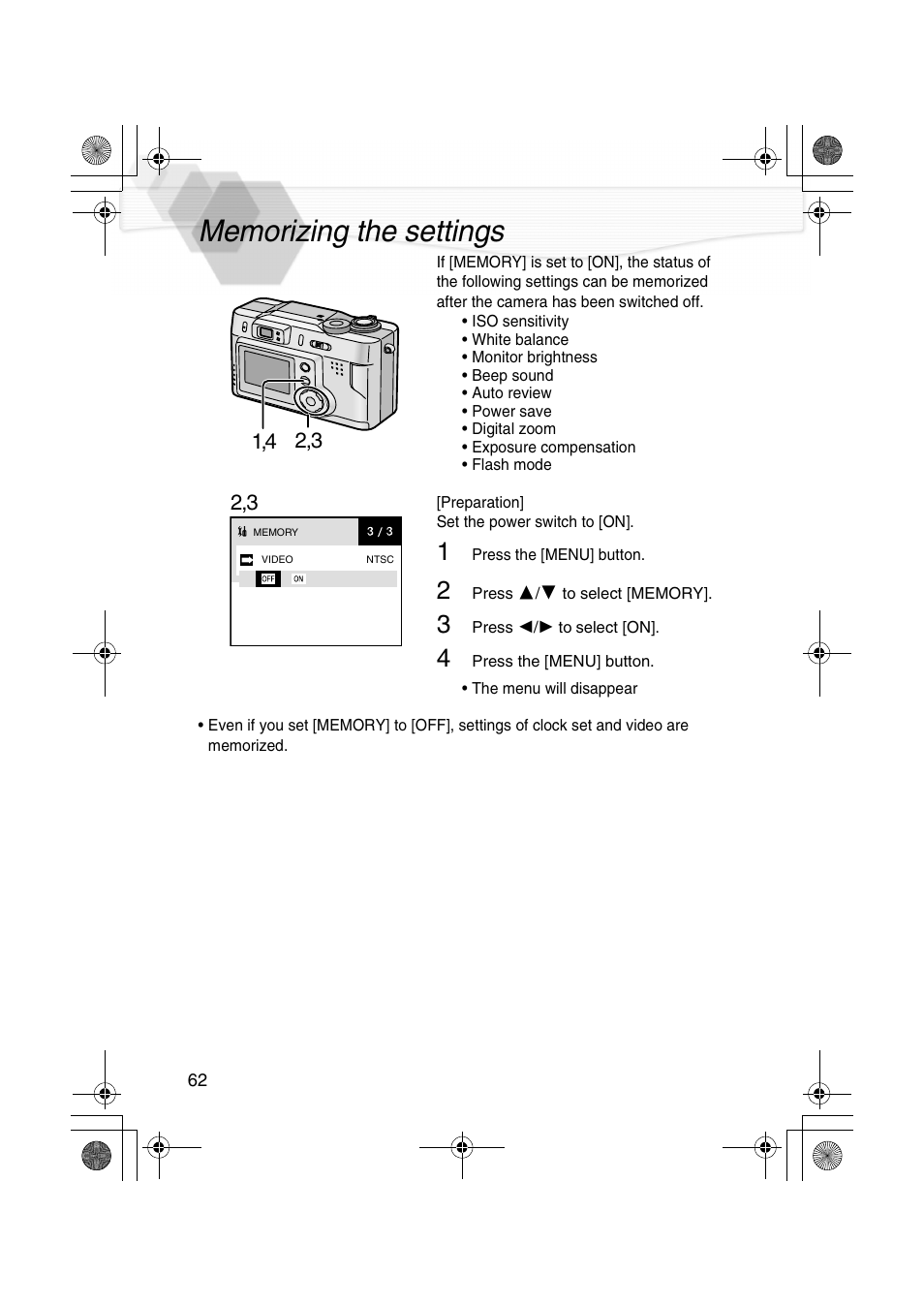Memorizing the settings | Panasonic DMC-LC20PP User Manual | Page 62 / 84