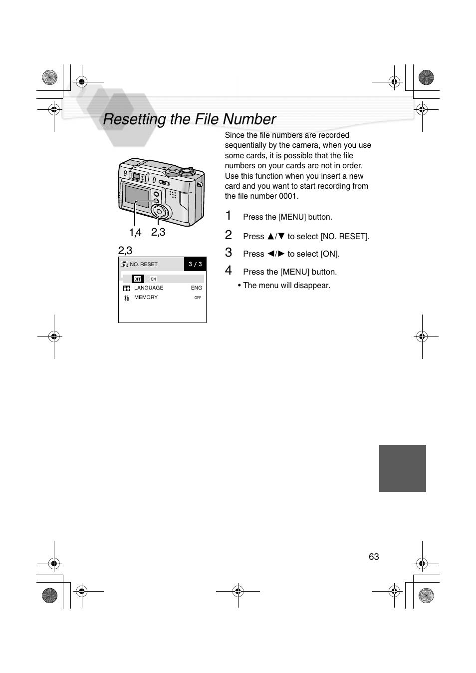 Resetting the file number, P63) | Panasonic DMC-LC20PP User Manual | Page 63 / 84