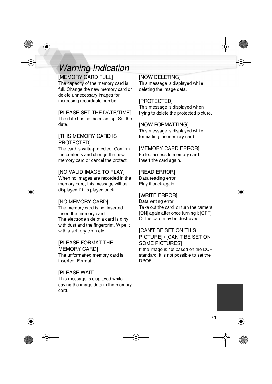 Warning indication | Panasonic DMC-LC20PP User Manual | Page 71 / 84