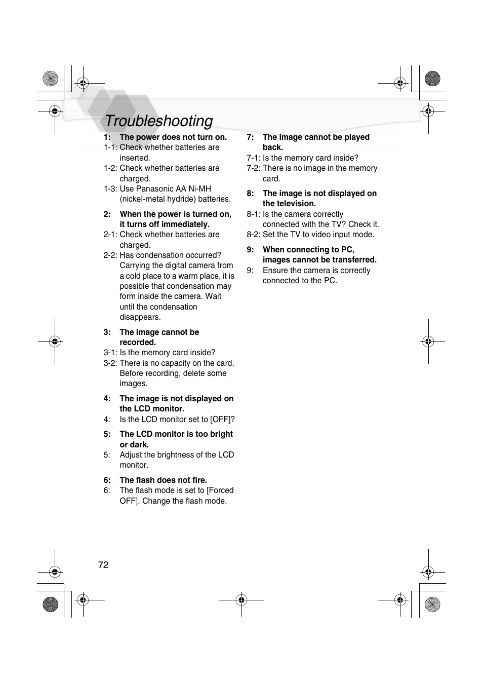Troubleshooting | Panasonic DMC-LC20PP User Manual | Page 72 / 84