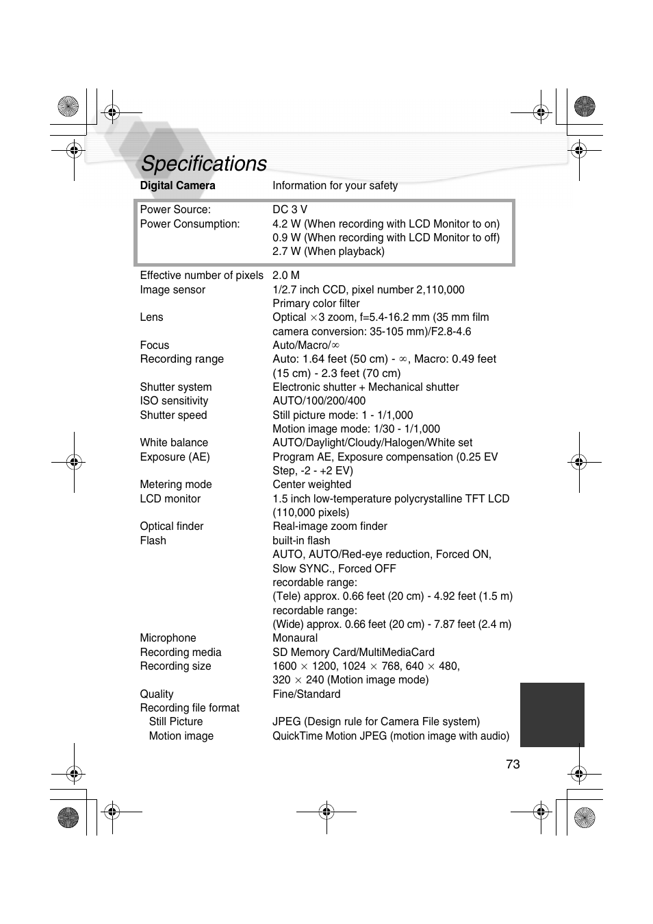 Specifications | Panasonic DMC-LC20PP User Manual | Page 73 / 84