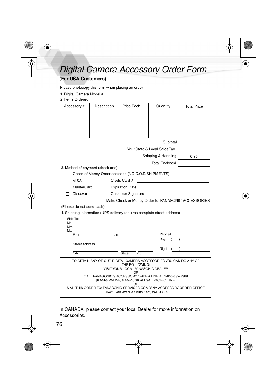 Digital camera accessory order form | Panasonic DMC-LC20PP User Manual | Page 76 / 84