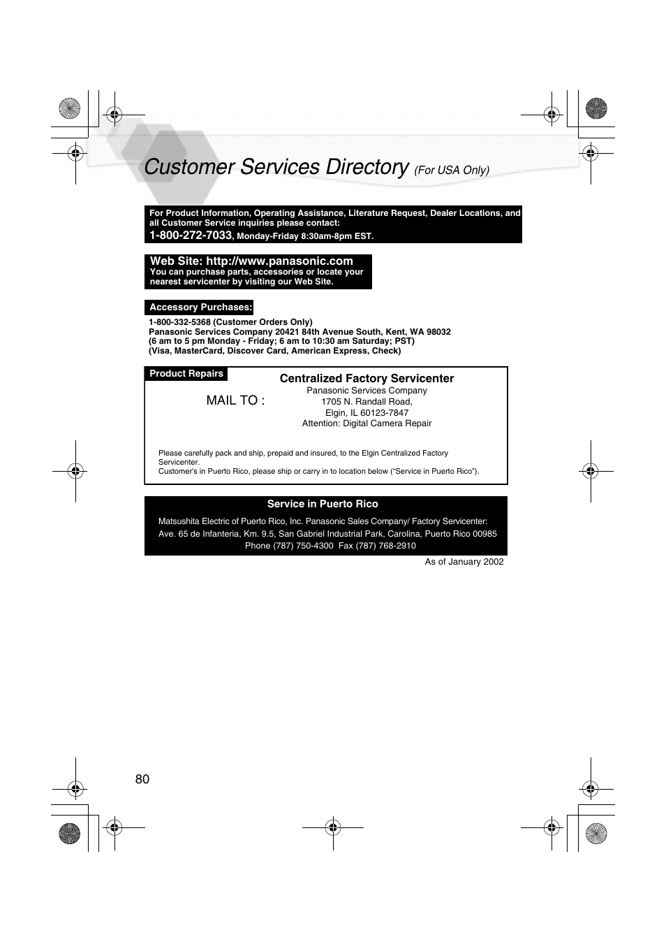Customer services directory (for usa only), Customer services directory, Mail to | Panasonic DMC-LC20PP User Manual | Page 80 / 84