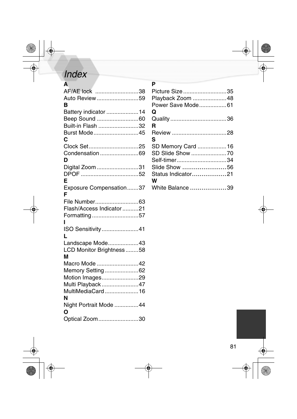 Index | Panasonic DMC-LC20PP User Manual | Page 81 / 84