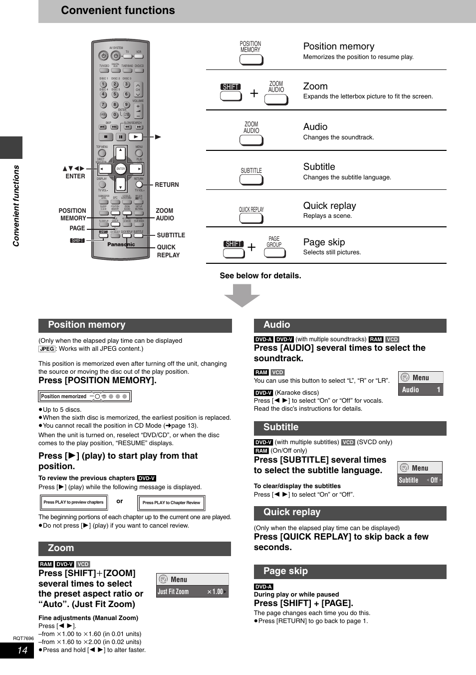 Convenient functions, Zoom, Audio | Subtitle, Quick replay, Page skip, Audio subtitle quick replay page skip, Press [quick replay] to skip back a few seconds, Press [shift] + [page, Co n ven ie nt f unct ions | Panasonic SC-HT920 User Manual | Page 14 / 36