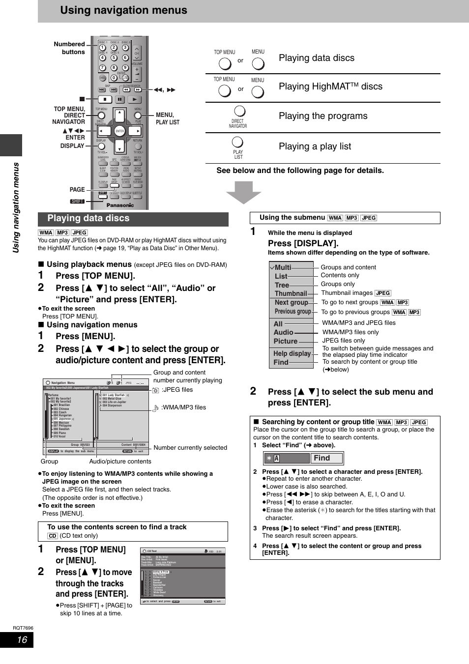 Using navigation menus, Press, Playing data discs playing highmat | Discs playing the programs playing a play list, Playing data discs, Press [top menu, Press [menu, Press [top menu] or [menu, Press [display, Us in g na vigat ion men u s | Panasonic SC-HT920 User Manual | Page 16 / 36