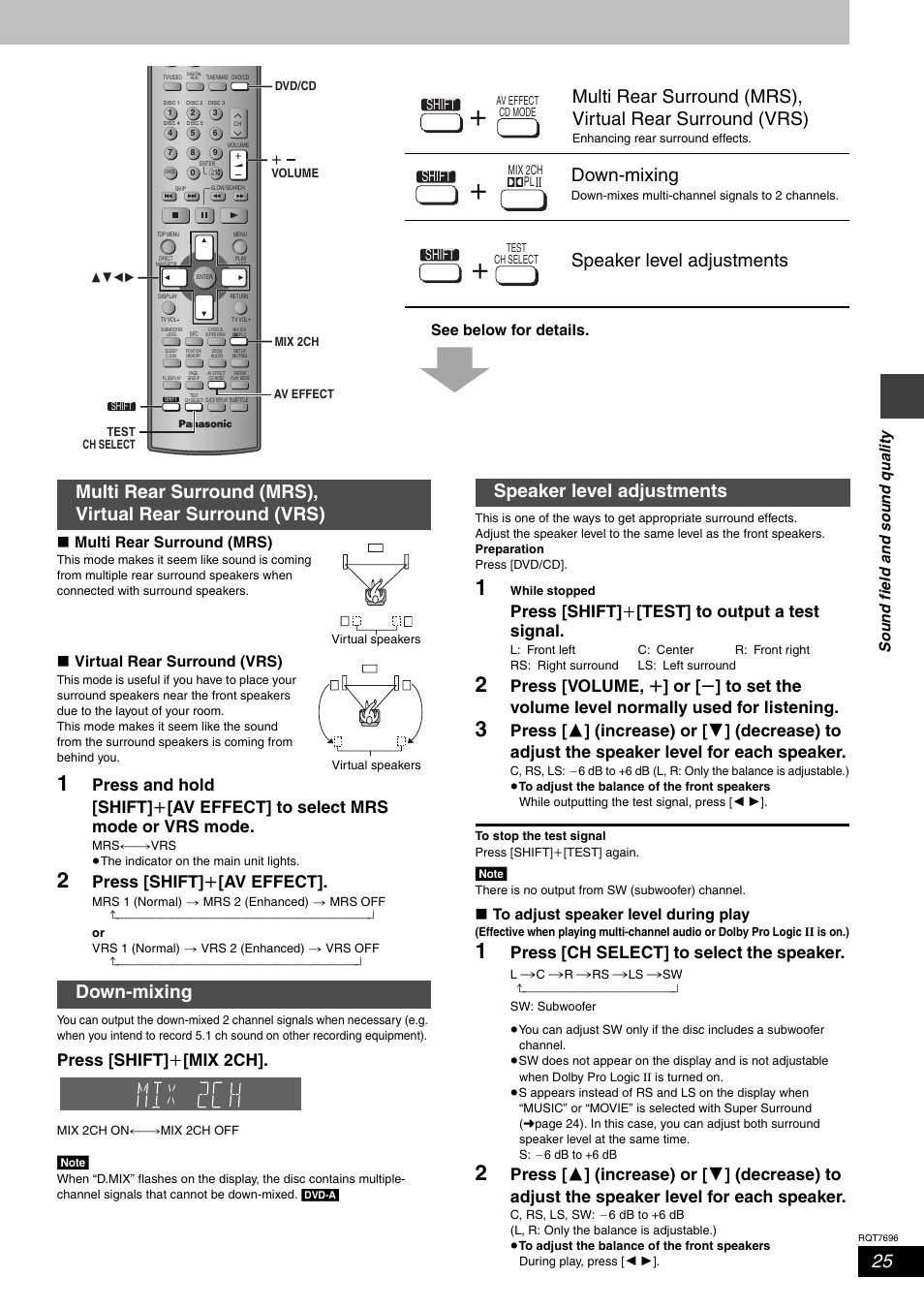 Down-mixing, Speaker level adjustments, Press [shift] i [av effect | Press [shift] i [mix 2ch, Press [shift] i [test] to output a test signal, Press [ch select] to select the speaker, Virtual rear surround (vrs), Shift | Panasonic SC-HT920 User Manual | Page 25 / 36