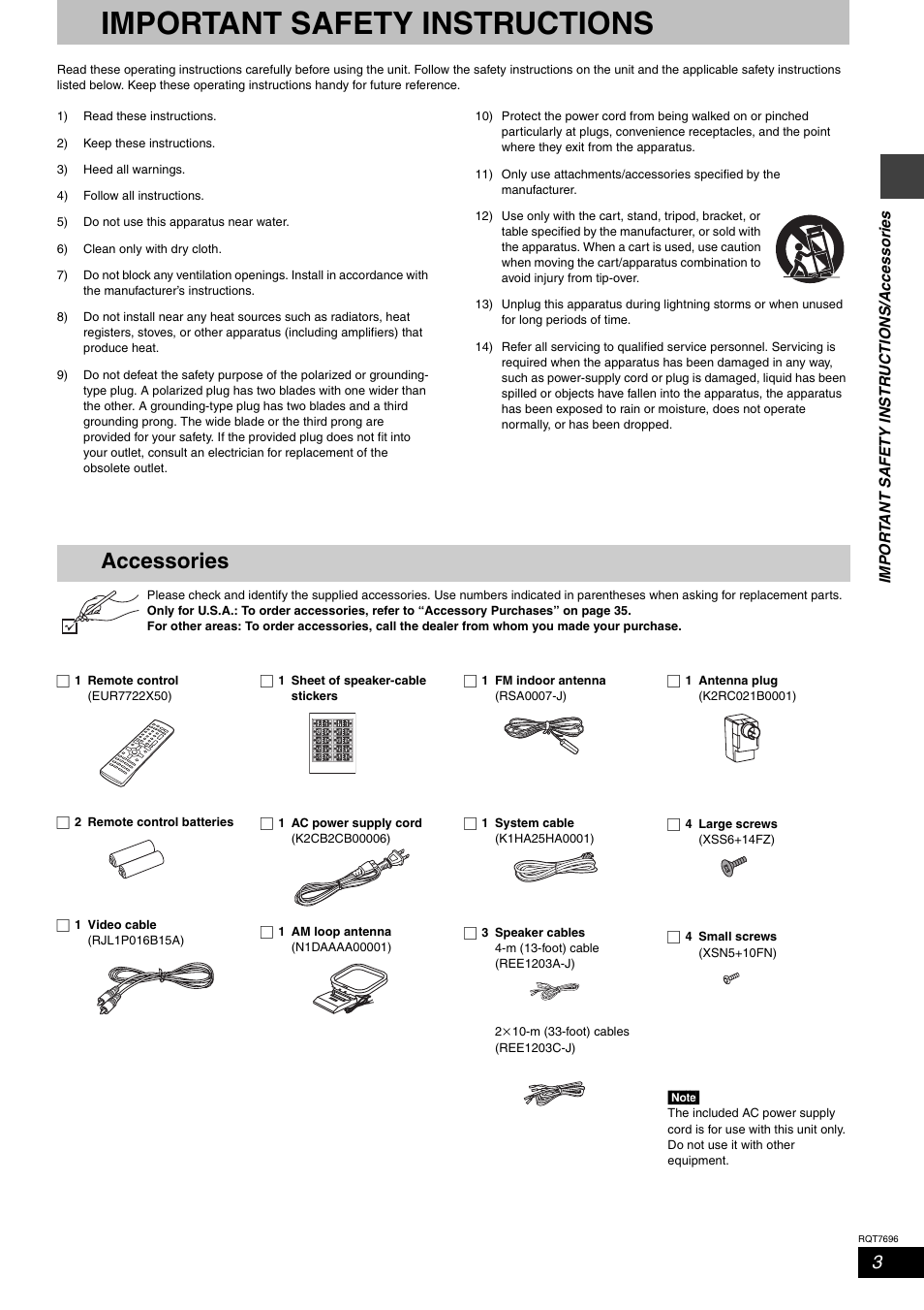 Getting started, Important safety instructions, Accessories | Panasonic SC-HT920 User Manual | Page 3 / 36