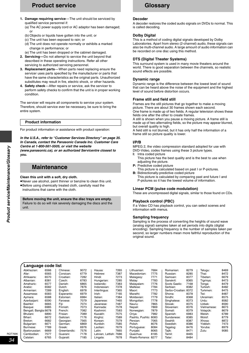Productservice / maintenance / glossary, Product service, Maintenance | Glossary, Pr oduc t se rv ic e/maint e na nce /glo ssa ry, Language code list | Panasonic SC-HT920 User Manual | Page 34 / 36