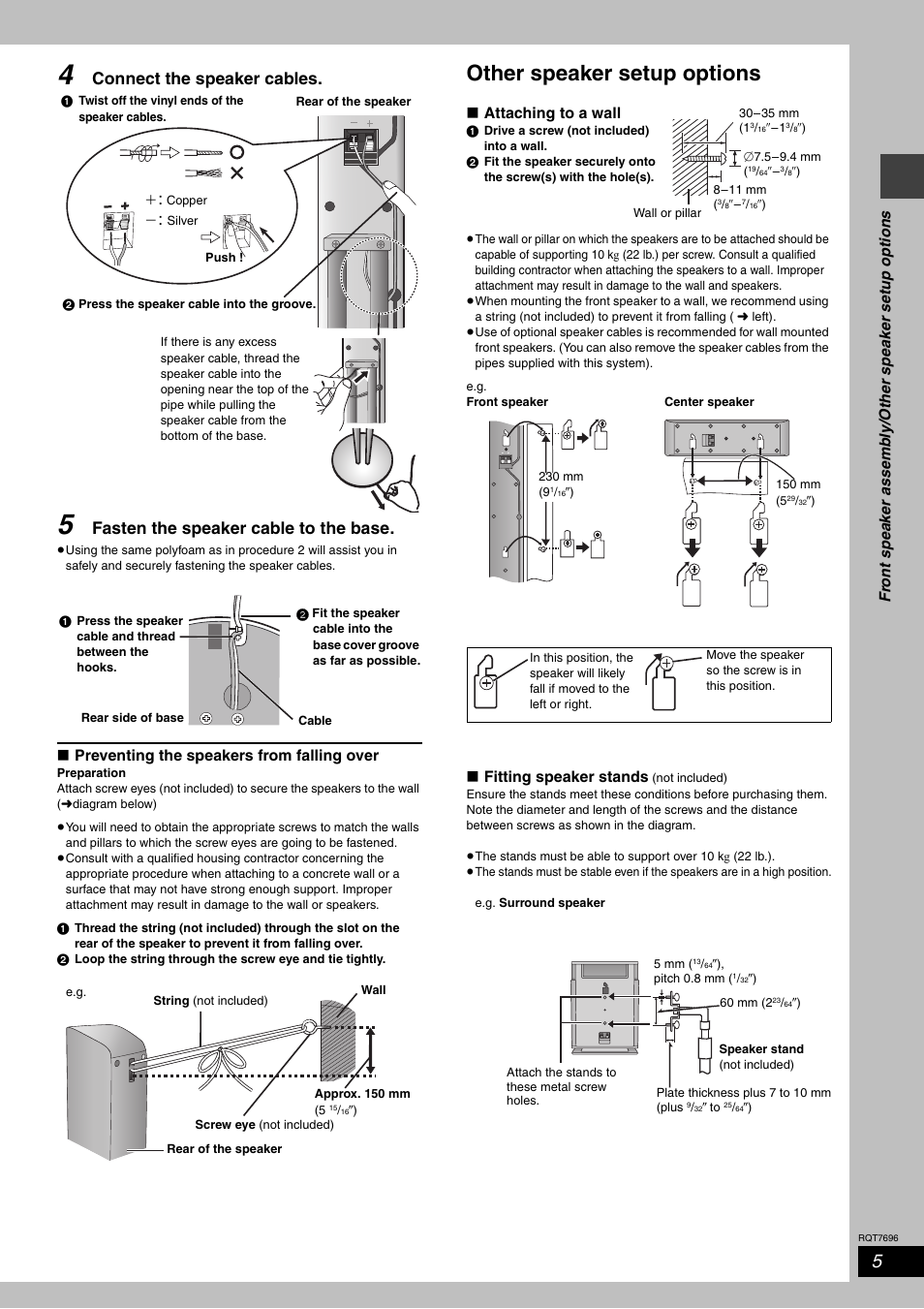 Other speaker setup options, Connect the speaker cables, Fasten the speaker cable to the base | Panasonic SC-HT920 User Manual | Page 5 / 36