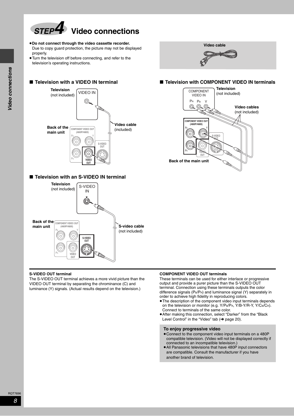 Step 4 video connections, Step, Video connections | Vide o c onne ct io ns | Panasonic SC-HT920 User Manual | Page 8 / 36