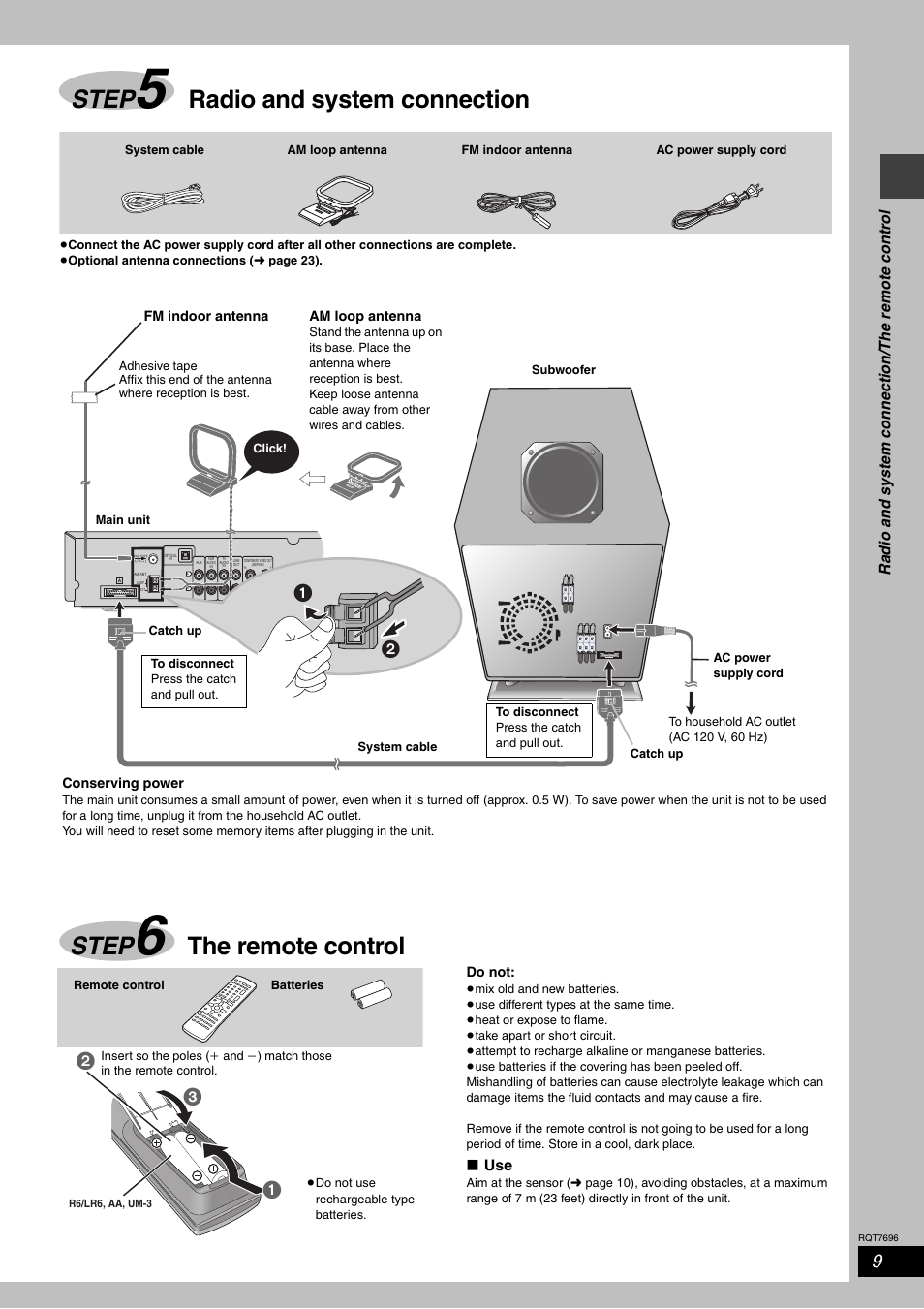 Step 5 radio and system connection, Step 6 the remote control, Step | Radio and system connection, The remote control | Panasonic SC-HT920 User Manual | Page 9 / 36