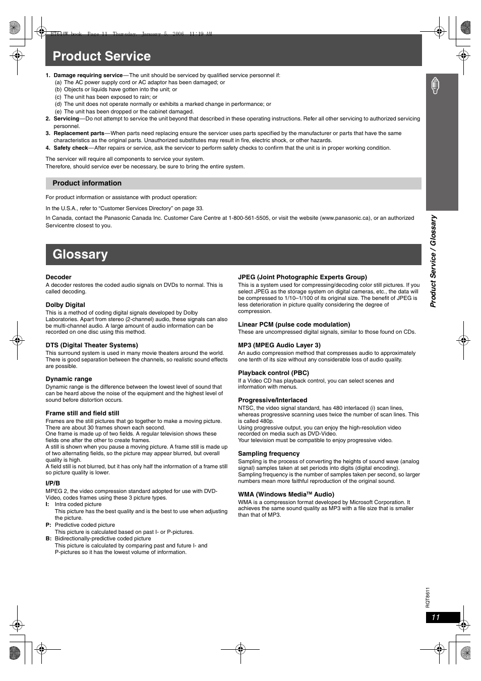 Product service, Glossary | Panasonic SC-HT640W User Manual | Page 11 / 36
