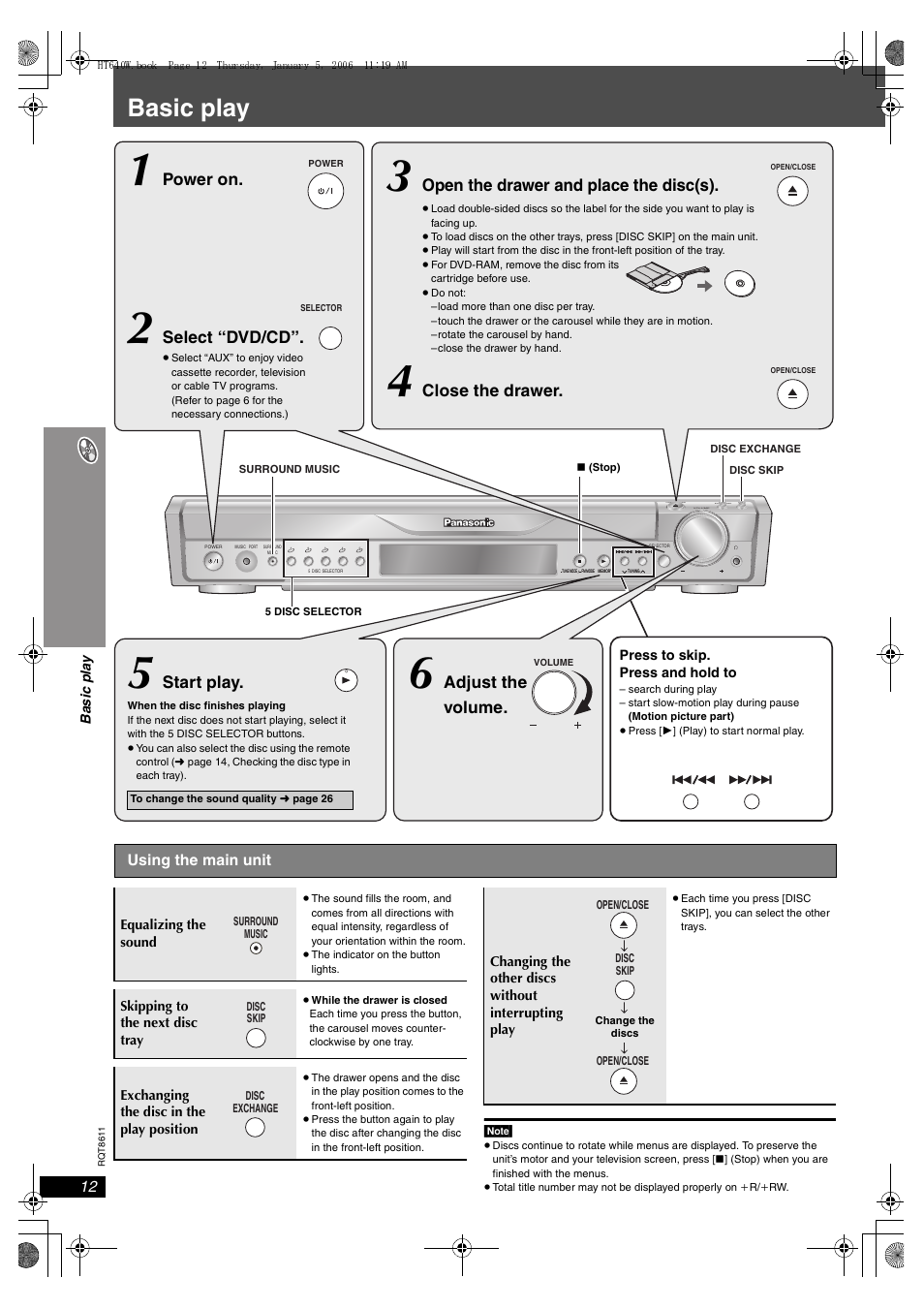 Playing discs, Basic play, Adjust the volume | Start play, Open the drawer and place the disc(s), Select “dvd/cd, Power on, Close the drawer | Panasonic SC-HT640W User Manual | Page 12 / 36