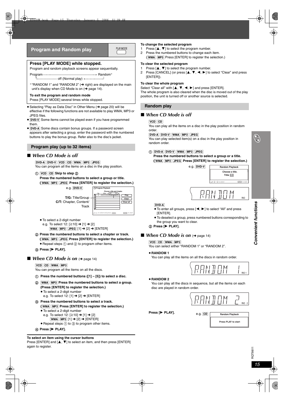 When cd mode is off, When cd mode is on, Program and random play | Con v eni e nt fu nctio n s, Press [play mode] while stopped, Program play (up to 32 items), Random play | Panasonic SC-HT640W User Manual | Page 15 / 36
