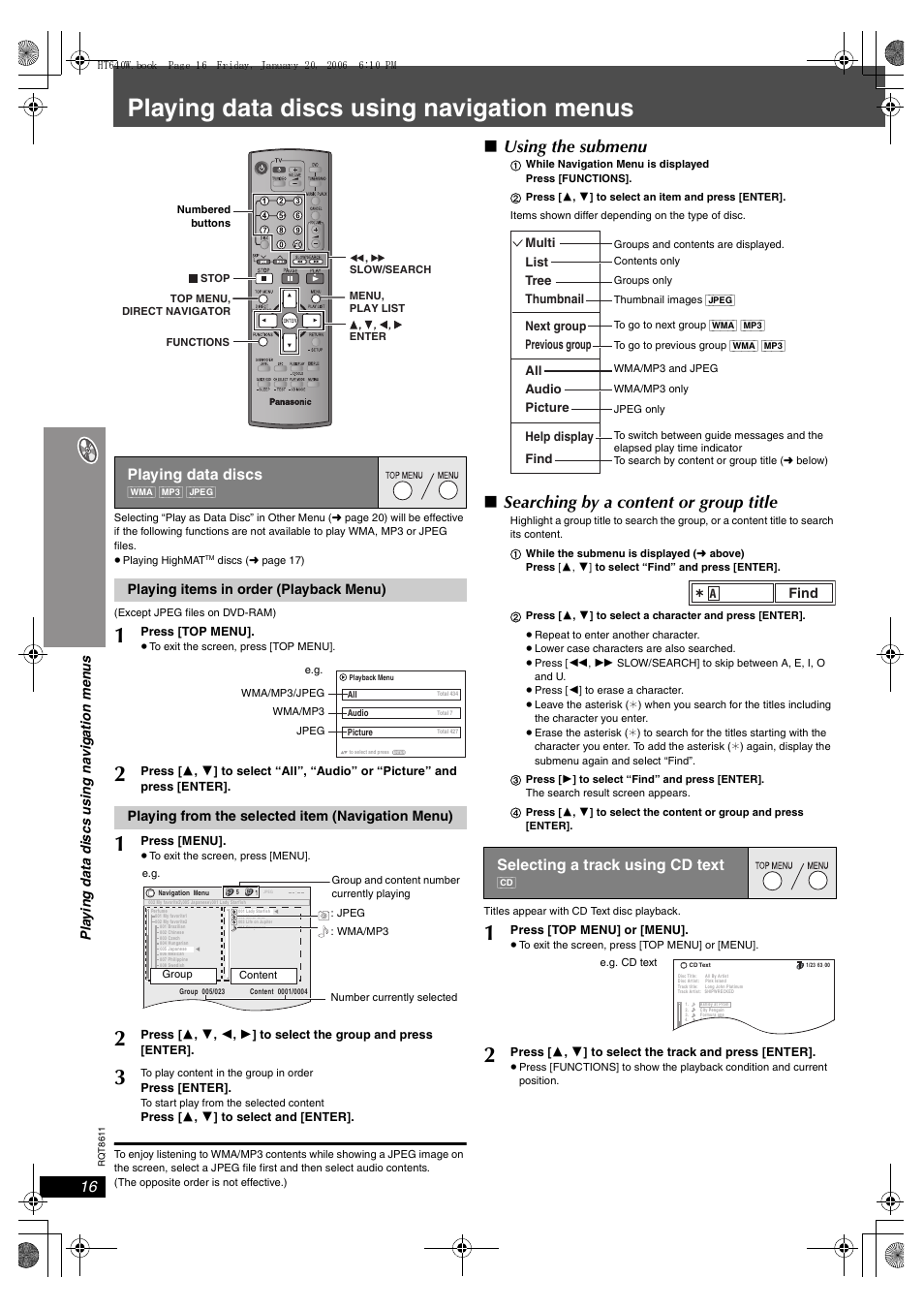 Playing data discs using navigation menus, Using the submenu, Searching by a content or group title | Playing data discs, Selecting a track using cd text | Panasonic SC-HT640W User Manual | Page 16 / 36