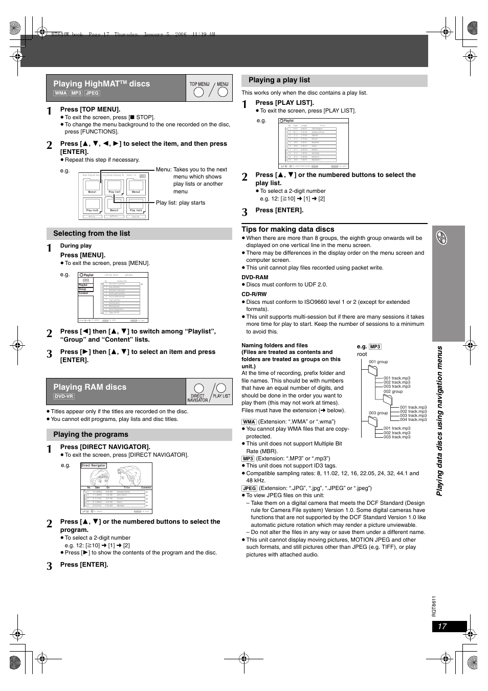 Playing highmat, Discs, Playing ram discs | Tips for making data discs, Selecting from the list, Playing the programs, Playing a play list, Press [top menu, Press [menu, Press [direct navigator | Panasonic SC-HT640W User Manual | Page 17 / 36