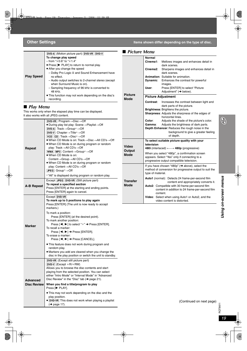 Play menu, Picture menu, Other settings | Panasonic SC-HT640W User Manual | Page 19 / 36