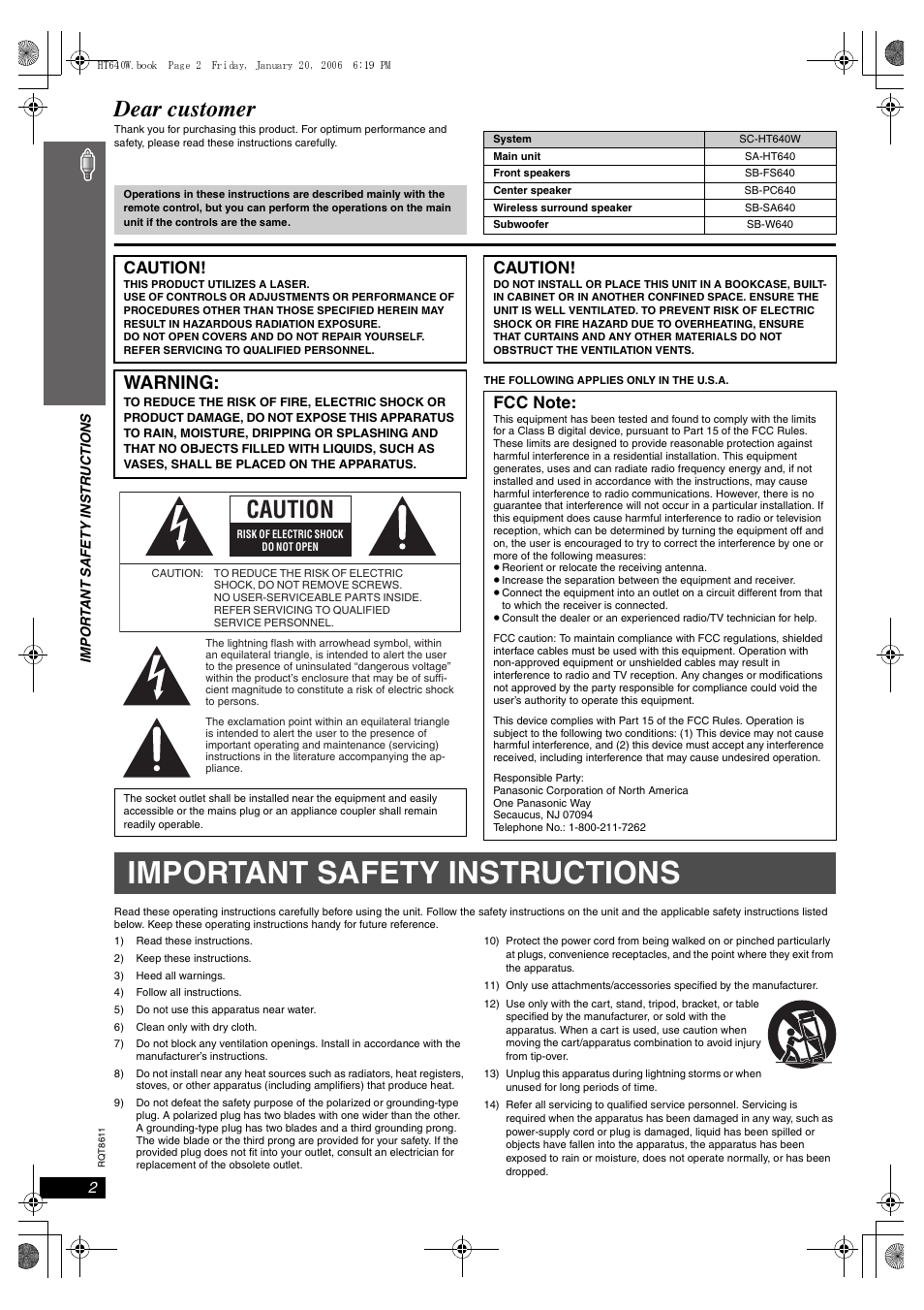 Getting started, Important safety instructions, Dear customer | Warning, Caution | Panasonic SC-HT640W User Manual | Page 2 / 36