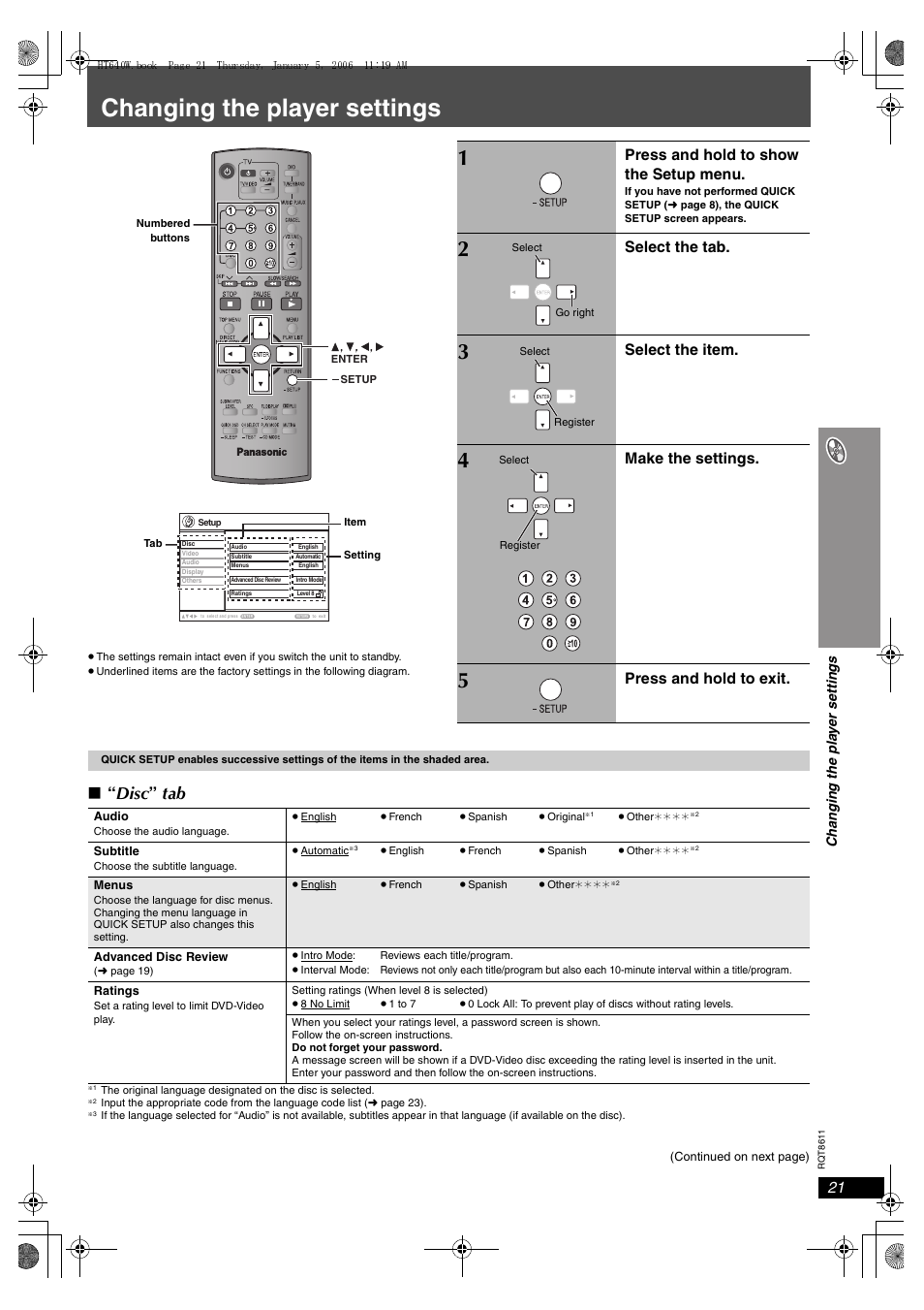 Changing the player settings, Disc ” tab, Press and hold to show the setup menu | Select the tab, Select the item, Make the settings, Press and hold to exit | Panasonic SC-HT640W User Manual | Page 21 / 36
