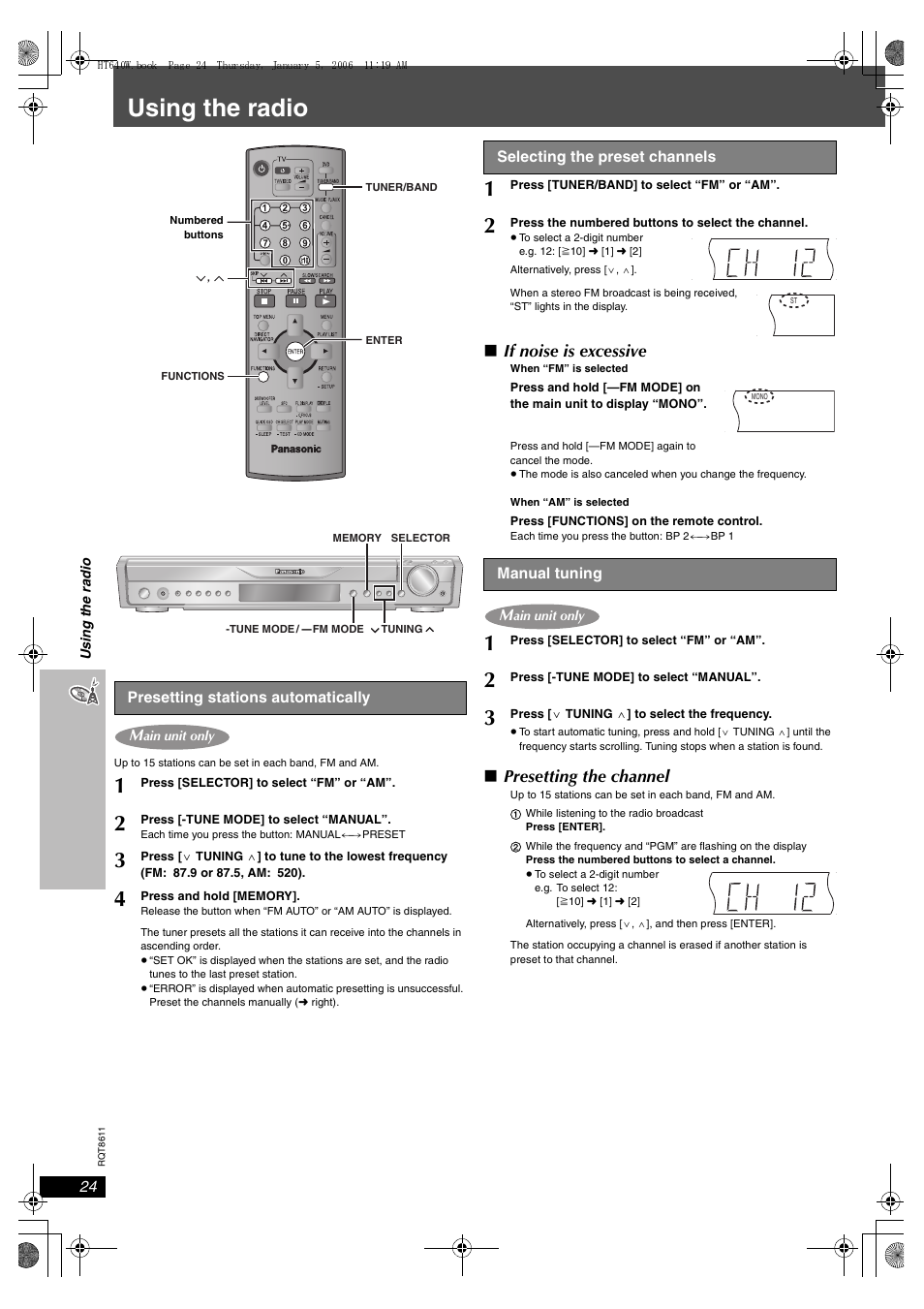 Other operations, Using the radio, If noise is excessive | Presetting the channel | Panasonic SC-HT640W User Manual | Page 24 / 36