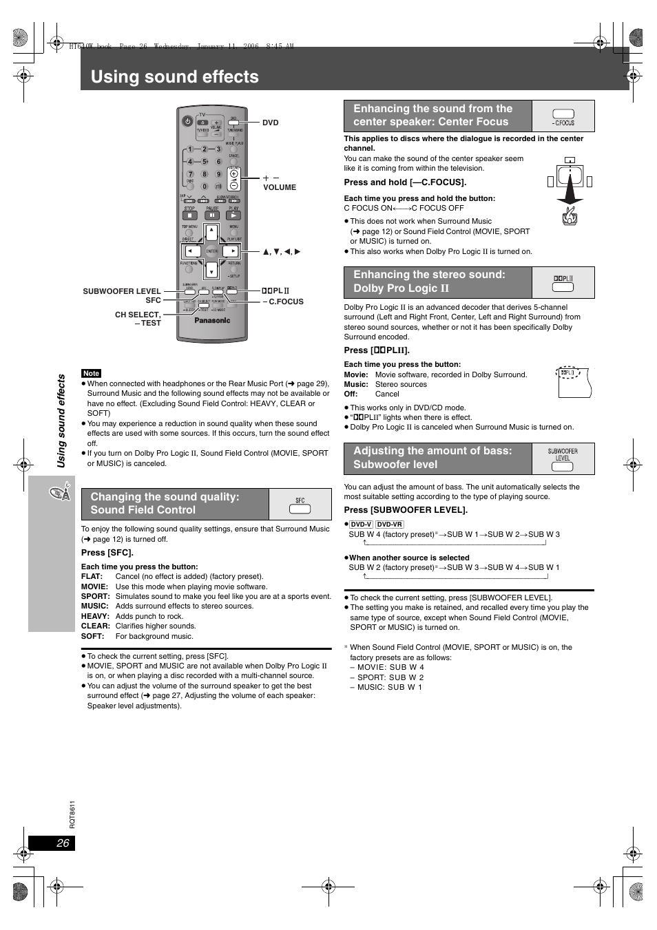 Using sound effects, Changing the sound quality: sound field control | Panasonic SC-HT640W User Manual | Page 26 / 36