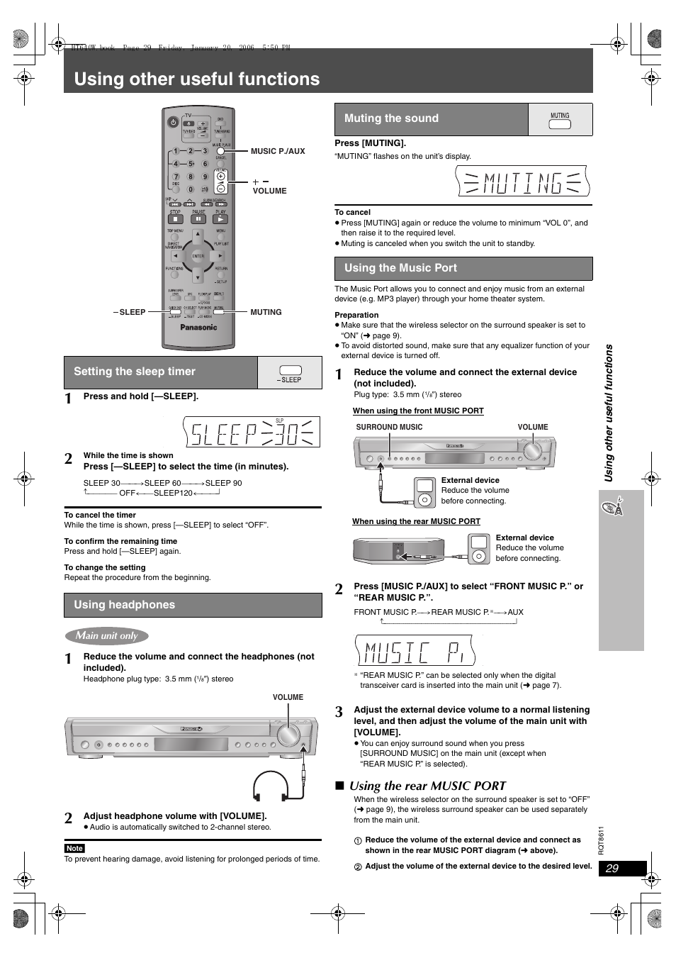 Using other useful functions, Using the rear music port, Setting the sleep timer | Using headphones, Muting the sound using the music port | Panasonic SC-HT640W User Manual | Page 29 / 36