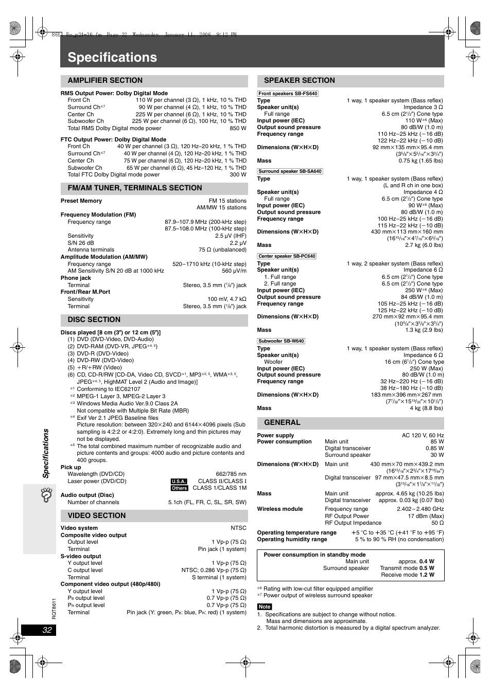 Specifications, Spe c ifi cati ons | Panasonic SC-HT640W User Manual | Page 32 / 36