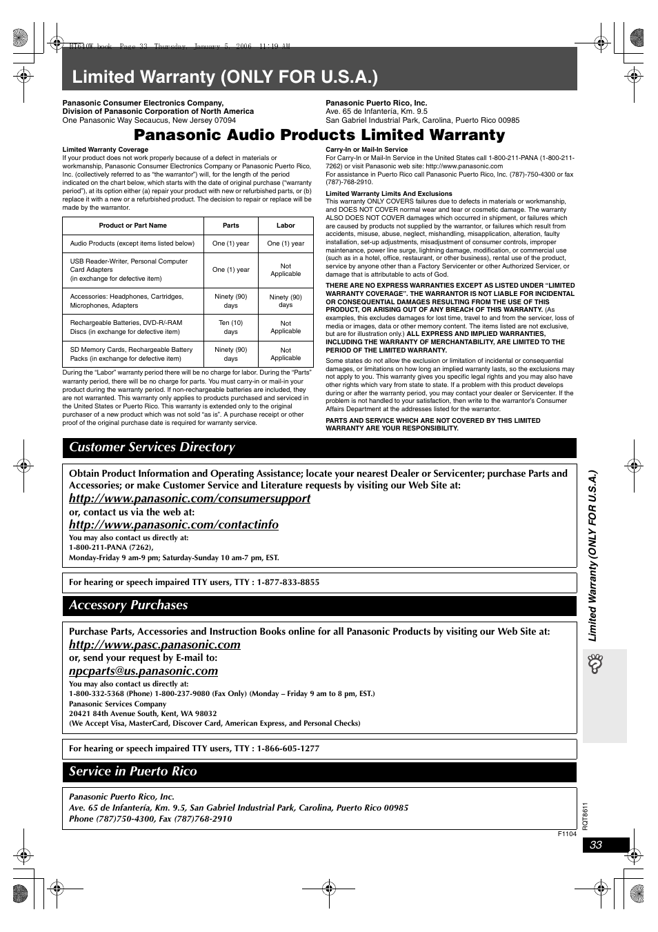 Limited warranty (only for u.s.a.), Panasonic audio products limited warranty, Customer services directory | Accessory purchases, Service in puerto rico | Panasonic SC-HT640W User Manual | Page 33 / 36