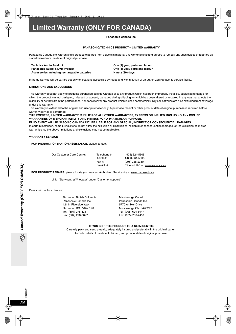 Limited warranty (only for canada) | Panasonic SC-HT640W User Manual | Page 34 / 36