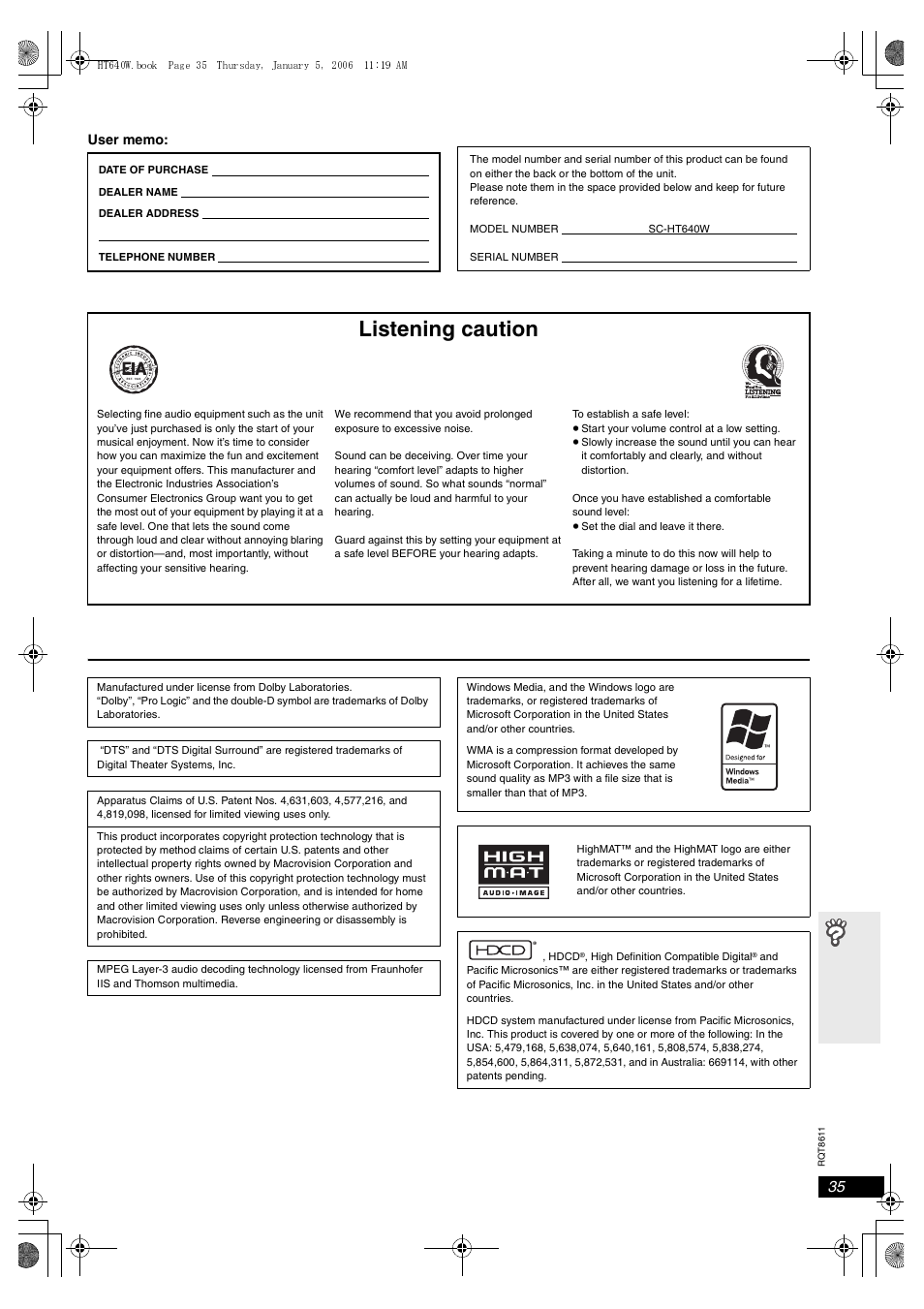 Listening caution | Panasonic SC-HT640W User Manual | Page 35 / 36