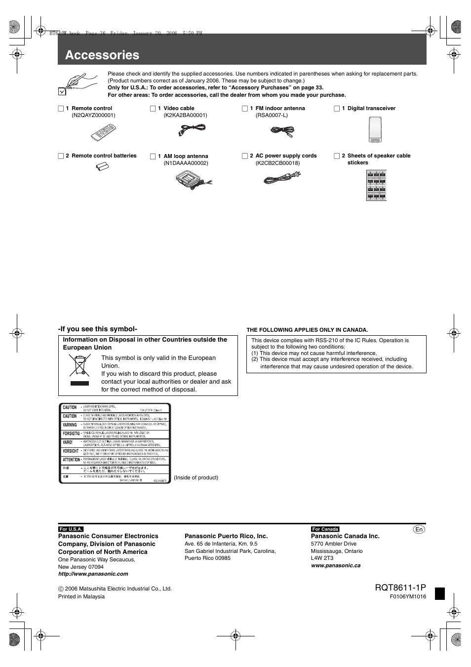 Accessories, If you see this symbol, Panasonic puerto rico, inc | Panasonic canada inc, For\u.s.a | Panasonic SC-HT640W User Manual | Page 36 / 36