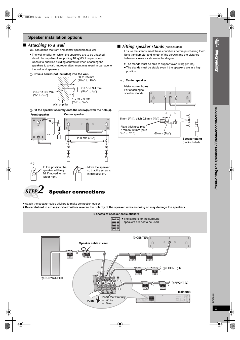 Step 2 speaker connections, Step, Speaker connections | Attaching to a wall, Fitting speaker stands, 5simple se tu p, Speaker installation options, Digital transceiver | Panasonic SC-HT640W User Manual | Page 5 / 36