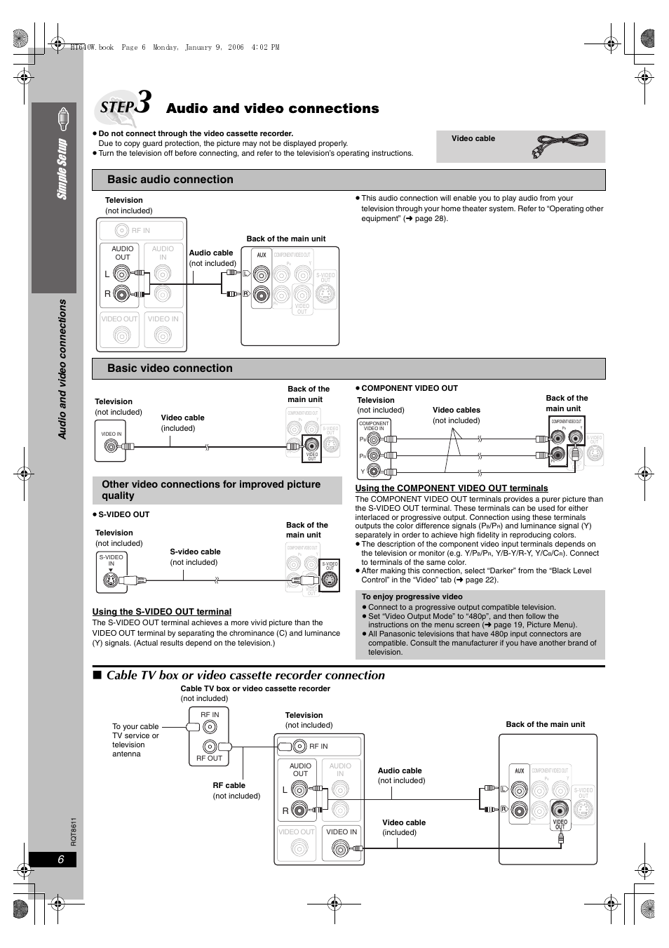 Step 3 audio and video connections, Step, Audio and video connections | Cable tv box or video cassette recorder connection, 6simple se tu p, Basic audio connection, Basic video connection, Audio and vide o c onne ction s | Panasonic SC-HT640W User Manual | Page 6 / 36