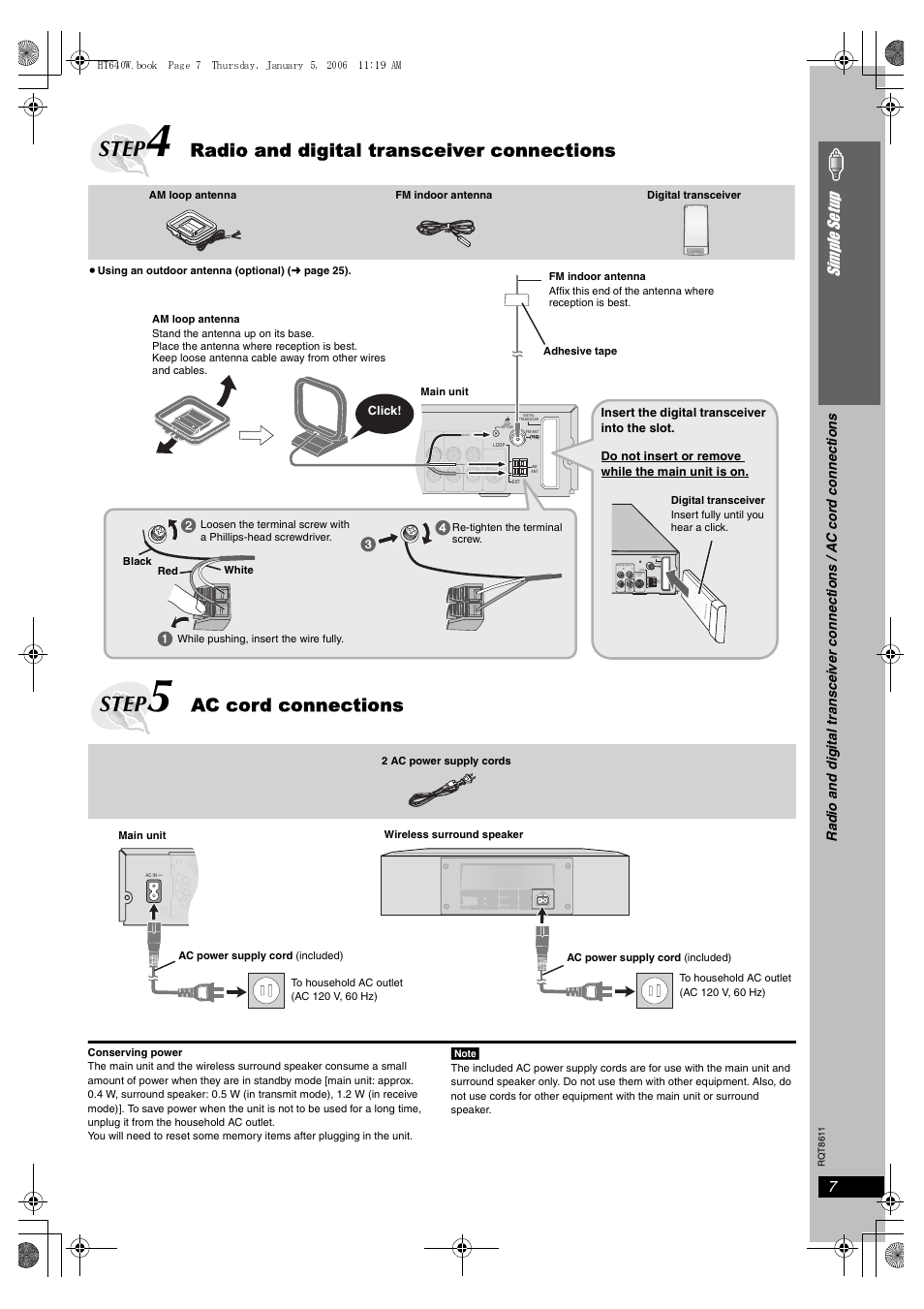 Step 4 radio and digital transceiver connections, Step 5 ac cord connections, Step | Radio and digital transceiver connections, Ac cord connections, 7simple se tu p | Panasonic SC-HT640W User Manual | Page 7 / 36
