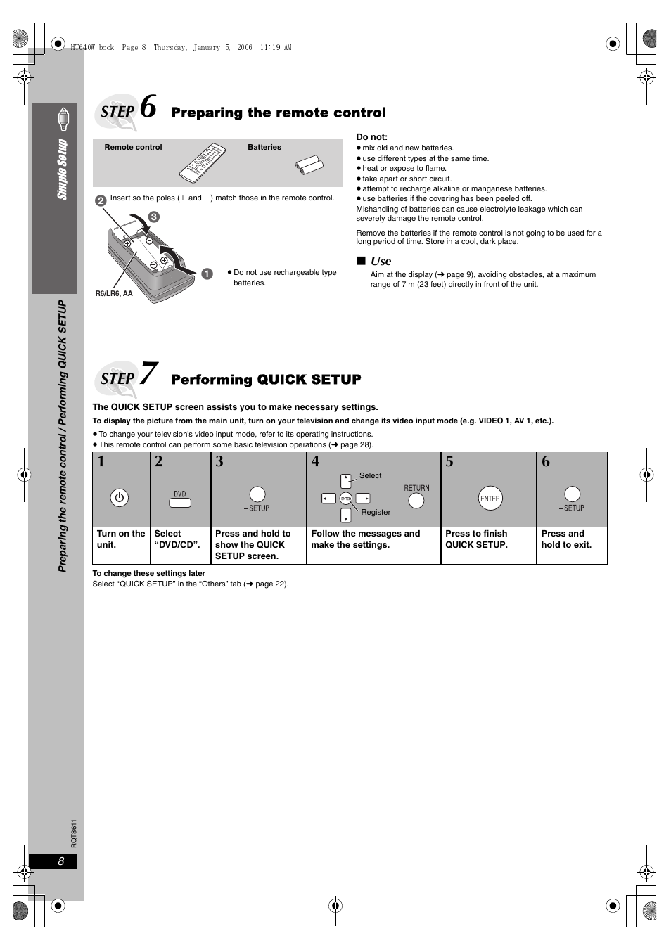 Step 6 preparing the remote control, Step 7 performing quick setup, Step | Preparing the remote control, Performing quick setup | Panasonic SC-HT640W User Manual | Page 8 / 36