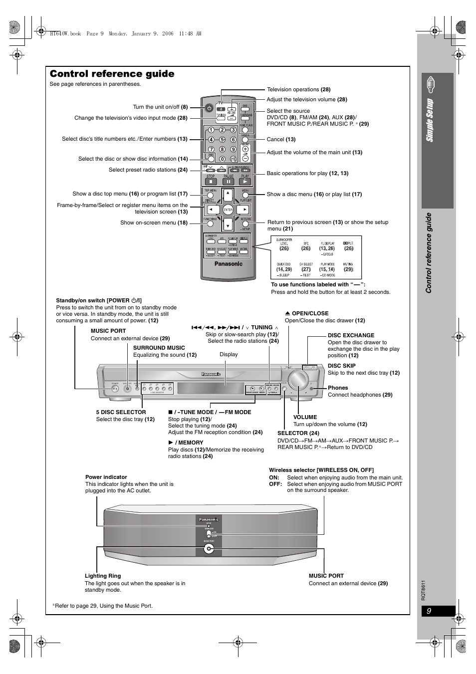 Control reference guide, 9simple se tu p, Open/close exchange skip | Volume disc disc, Contr o l ref e re nce guid e | Panasonic SC-HT640W User Manual | Page 9 / 36