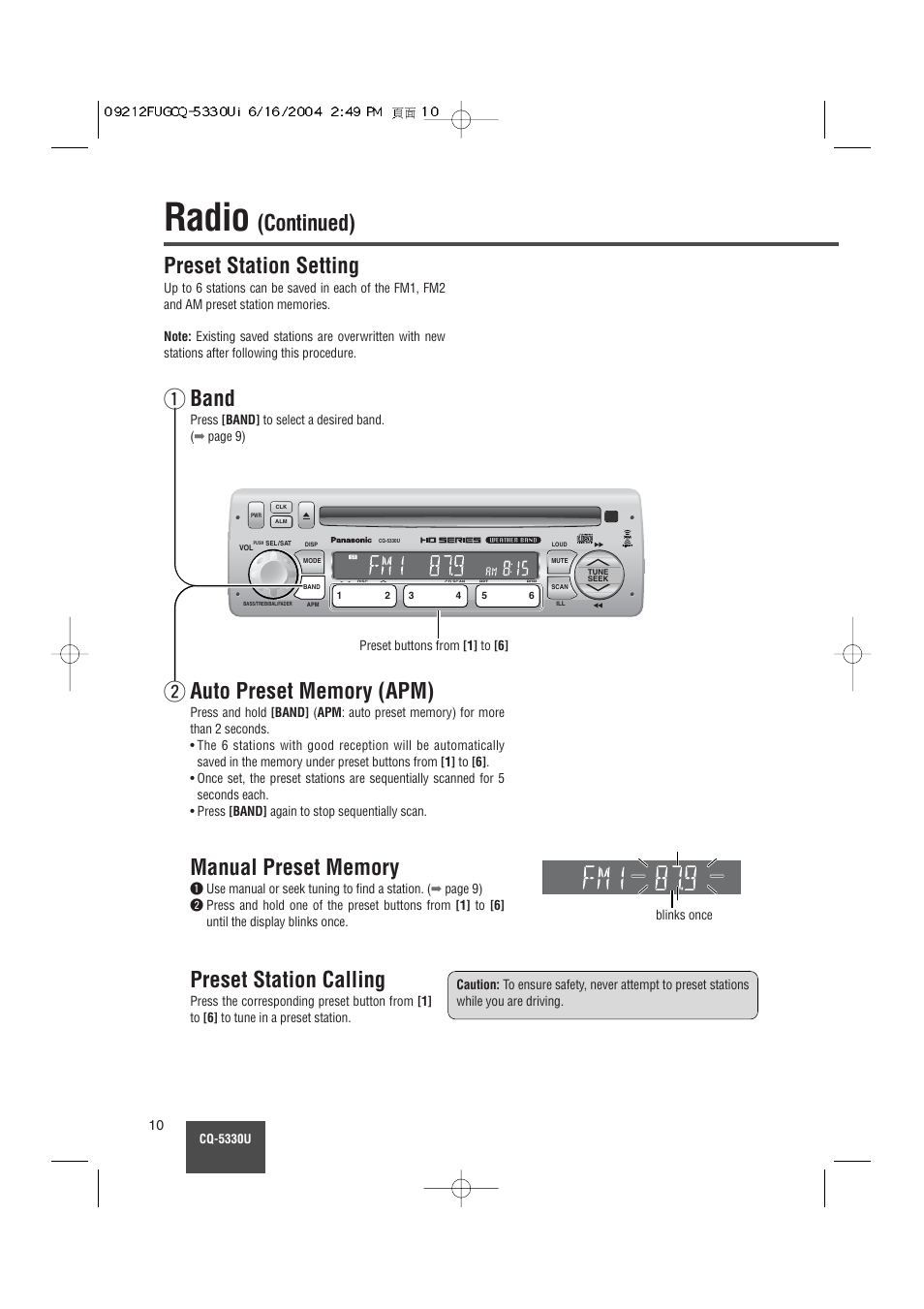 Radio, Continued), Preset station setting | Band, Preset station calling | Panasonic CQ-5330U User Manual | Page 10 / 35