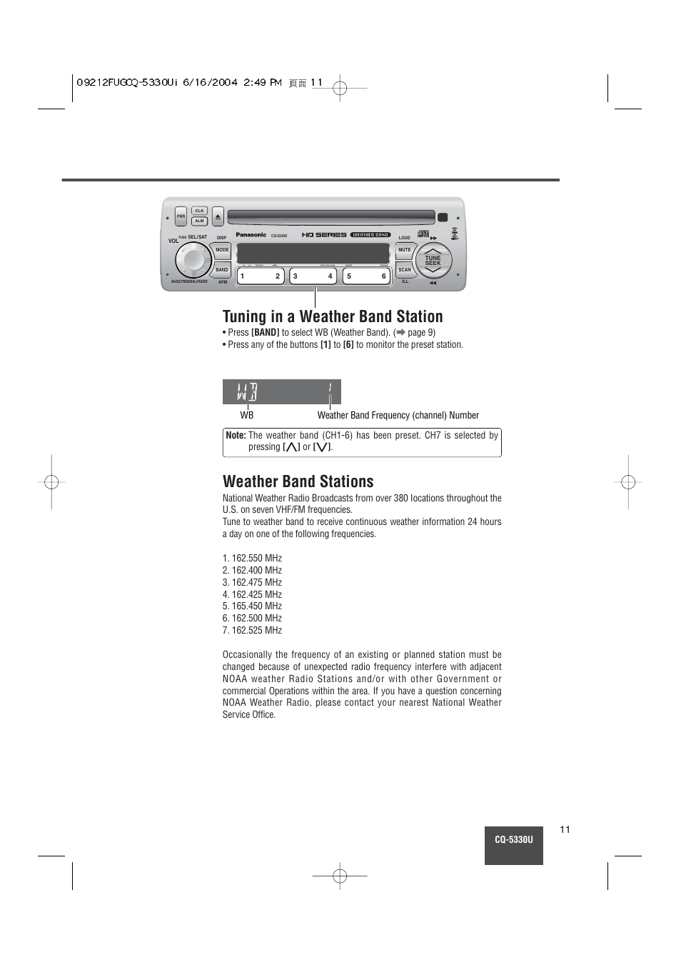 Tuning in a weather band station, Weather band stations, Cq-5330u | Panasonic CQ-5330U User Manual | Page 11 / 35