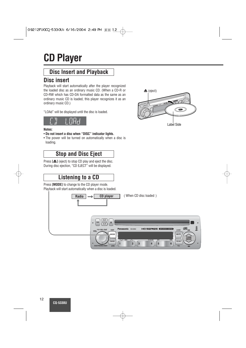 Cd player, Disc insert and playback disc insert, Stop and disc eject | Listening to a cd | Panasonic CQ-5330U User Manual | Page 12 / 35