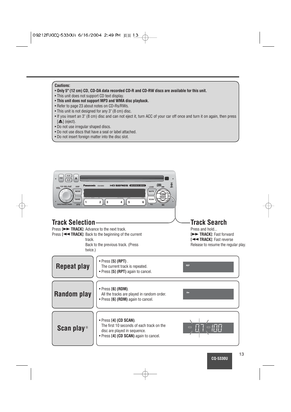 Track search, Track selection, Repeat play | Random play, Scan play | Panasonic CQ-5330U User Manual | Page 13 / 35