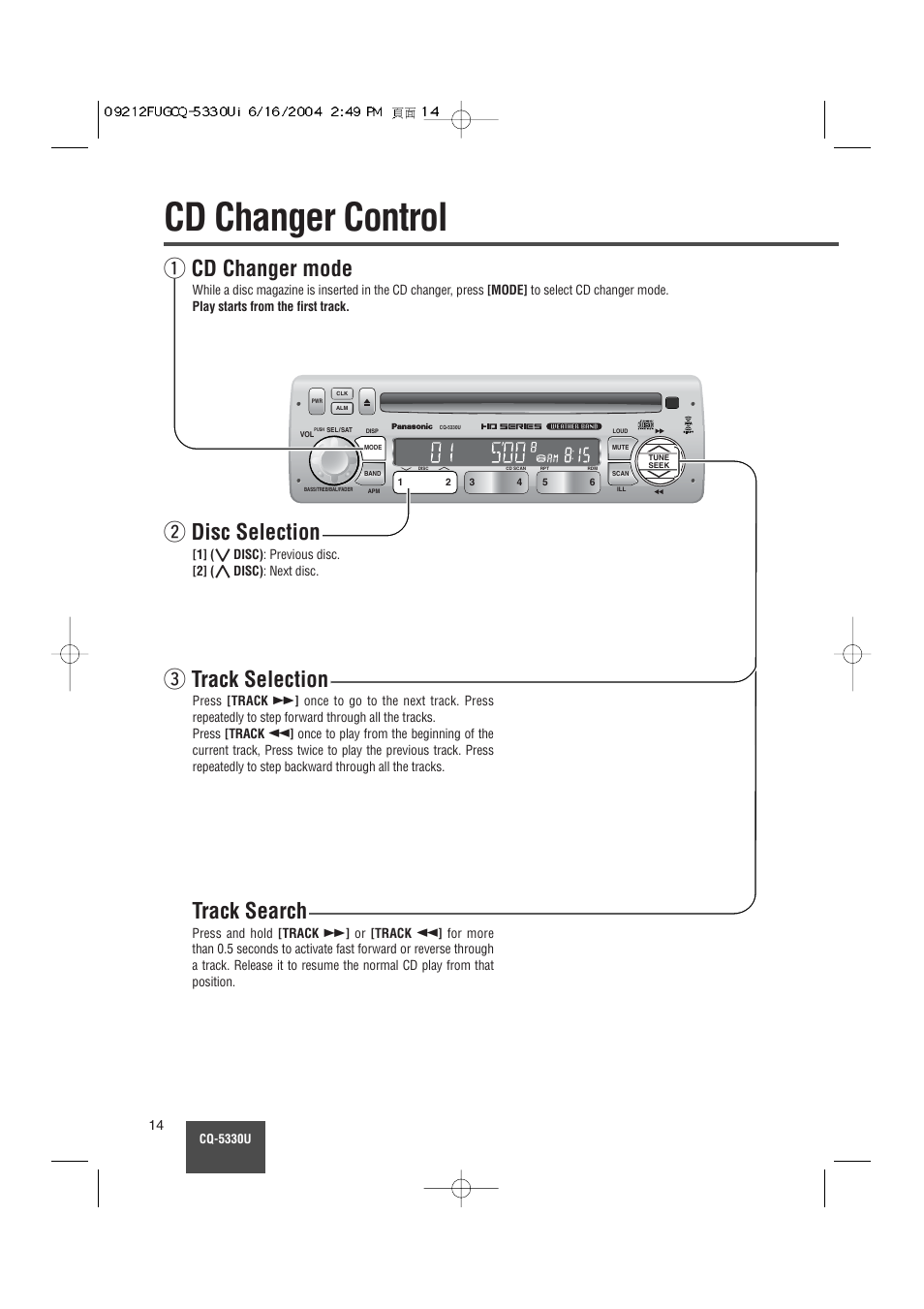 Cd changer control, Q cd changer mode, W disc selection | E track selection, Track search | Panasonic CQ-5330U User Manual | Page 14 / 35