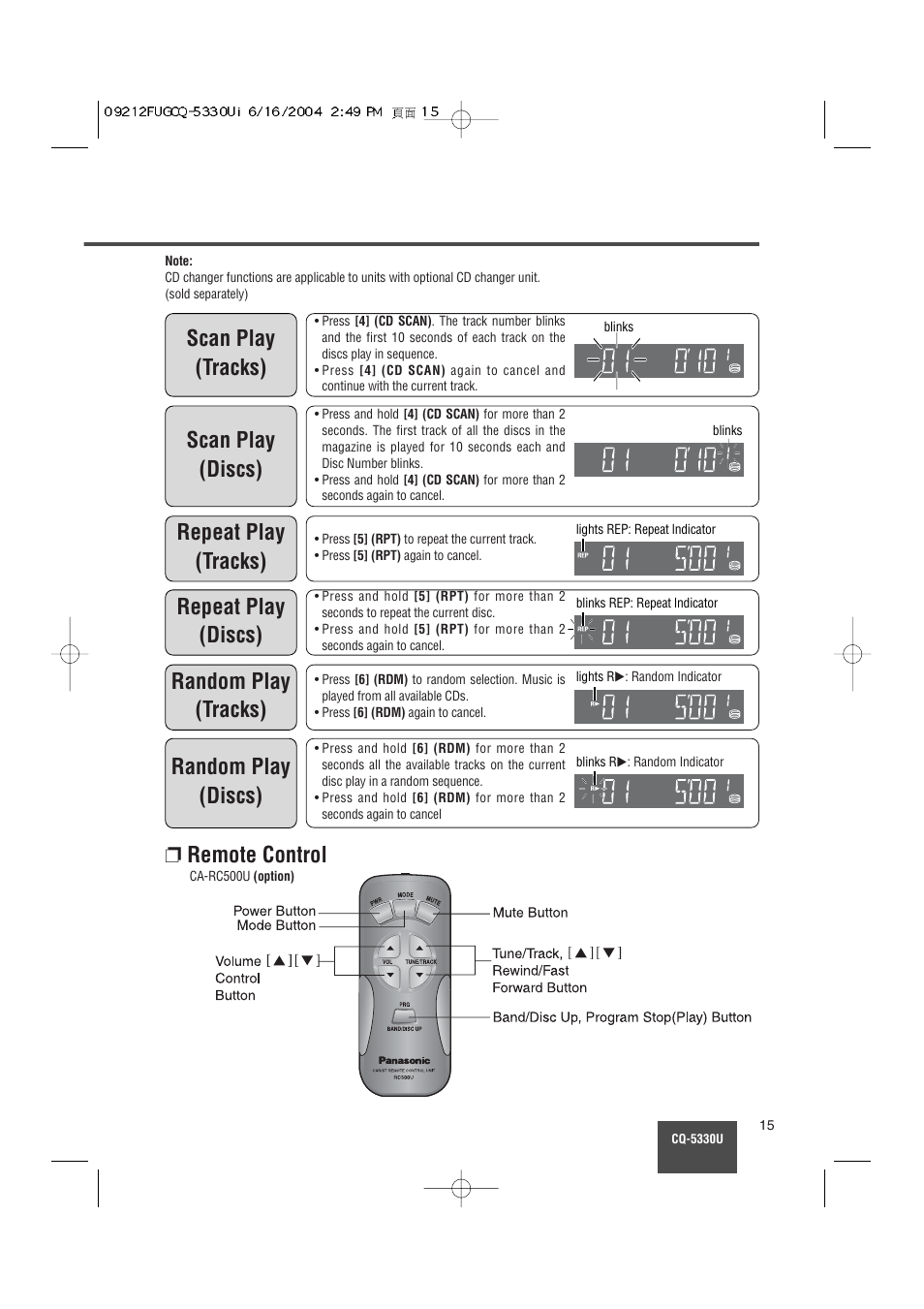 Scan play (tracks), Scan play (discs), Repeat play (tracks) | Repeat play (discs), Random play (tracks), Random play (discs), Remote control | Panasonic CQ-5330U User Manual | Page 15 / 35