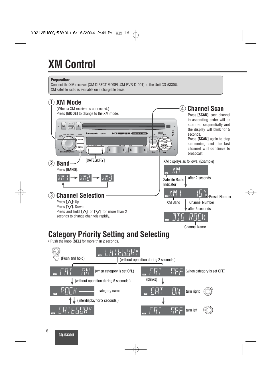 Xm control, Category priority setting and selecting, Q xm mode | W band, E channel selection, R channel scan | Panasonic CQ-5330U User Manual | Page 16 / 35