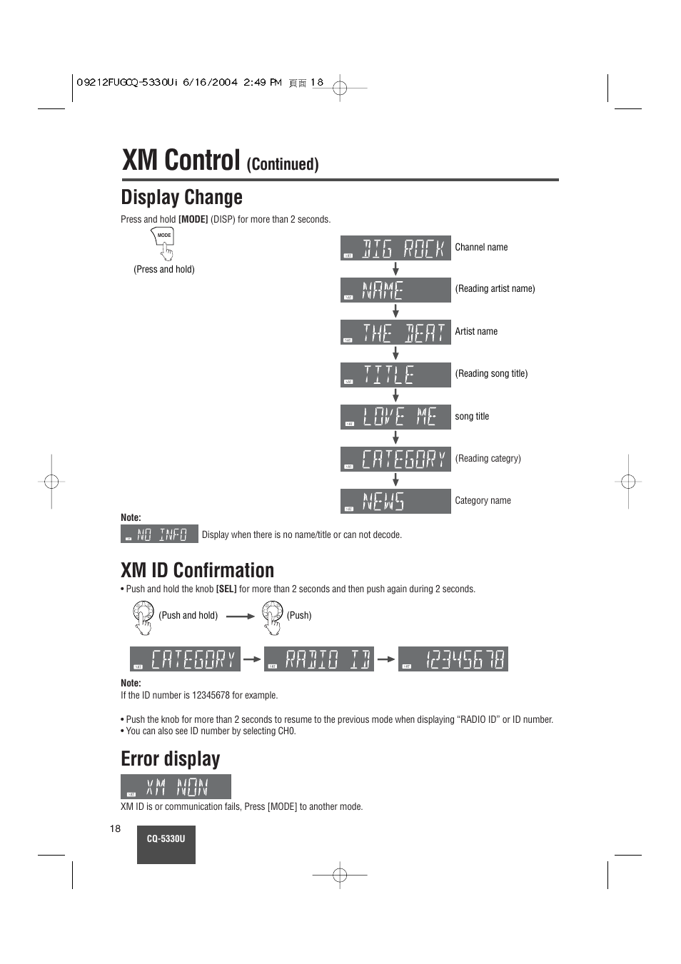 Xm control, Display change, Xm id confirmation | Error display, Continued) | Panasonic CQ-5330U User Manual | Page 18 / 35