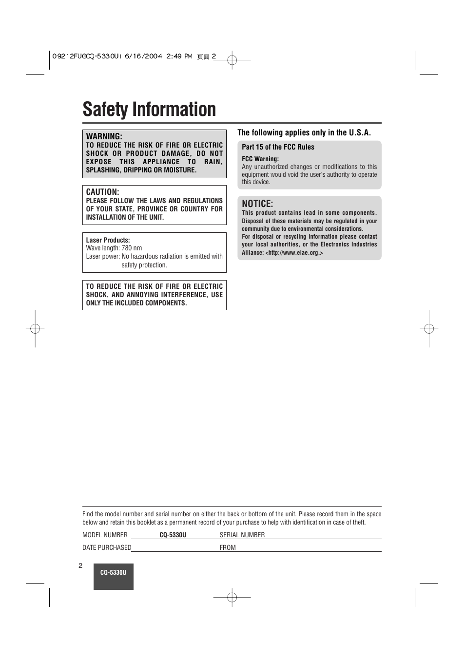 Safety information (part 15 of the fcc rules), Safety information, Notice | Panasonic CQ-5330U User Manual | Page 2 / 35