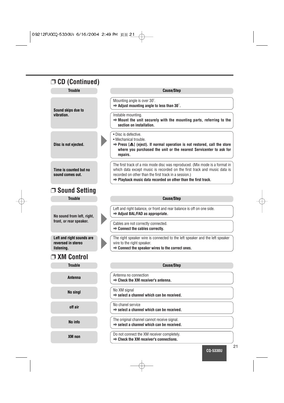 Sound setting, Cd (continued), Xm control | Panasonic CQ-5330U User Manual | Page 21 / 35