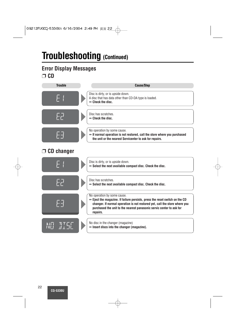 Troubleshooting, Error display messages ❐ cd, Cd changer | Continued) | Panasonic CQ-5330U User Manual | Page 22 / 35