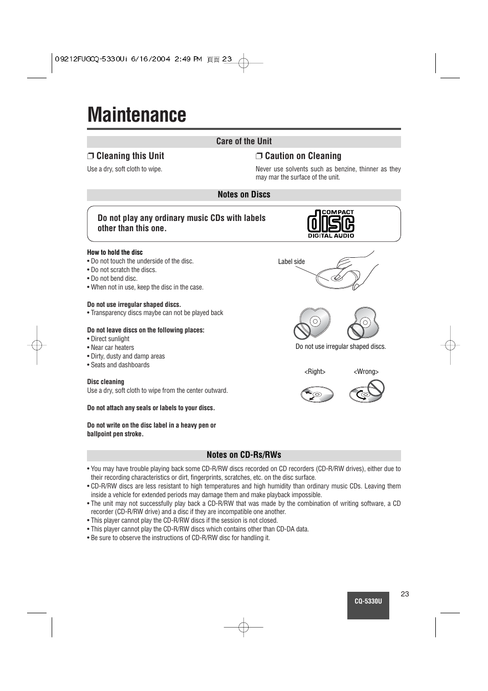 Maintenance | Panasonic CQ-5330U User Manual | Page 23 / 35